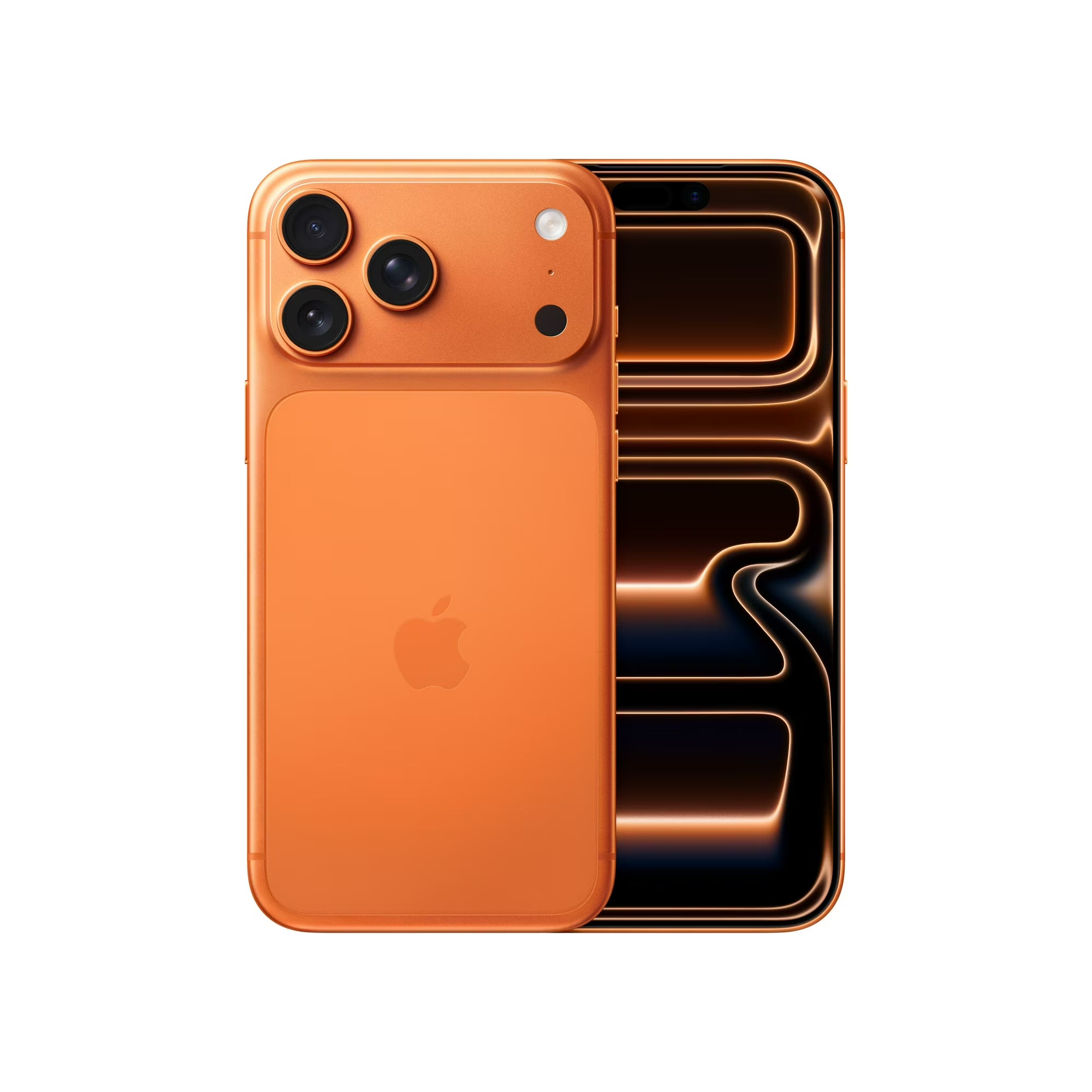Orange iPhone 17 Pro Max smartphone with Apple logo on a white background