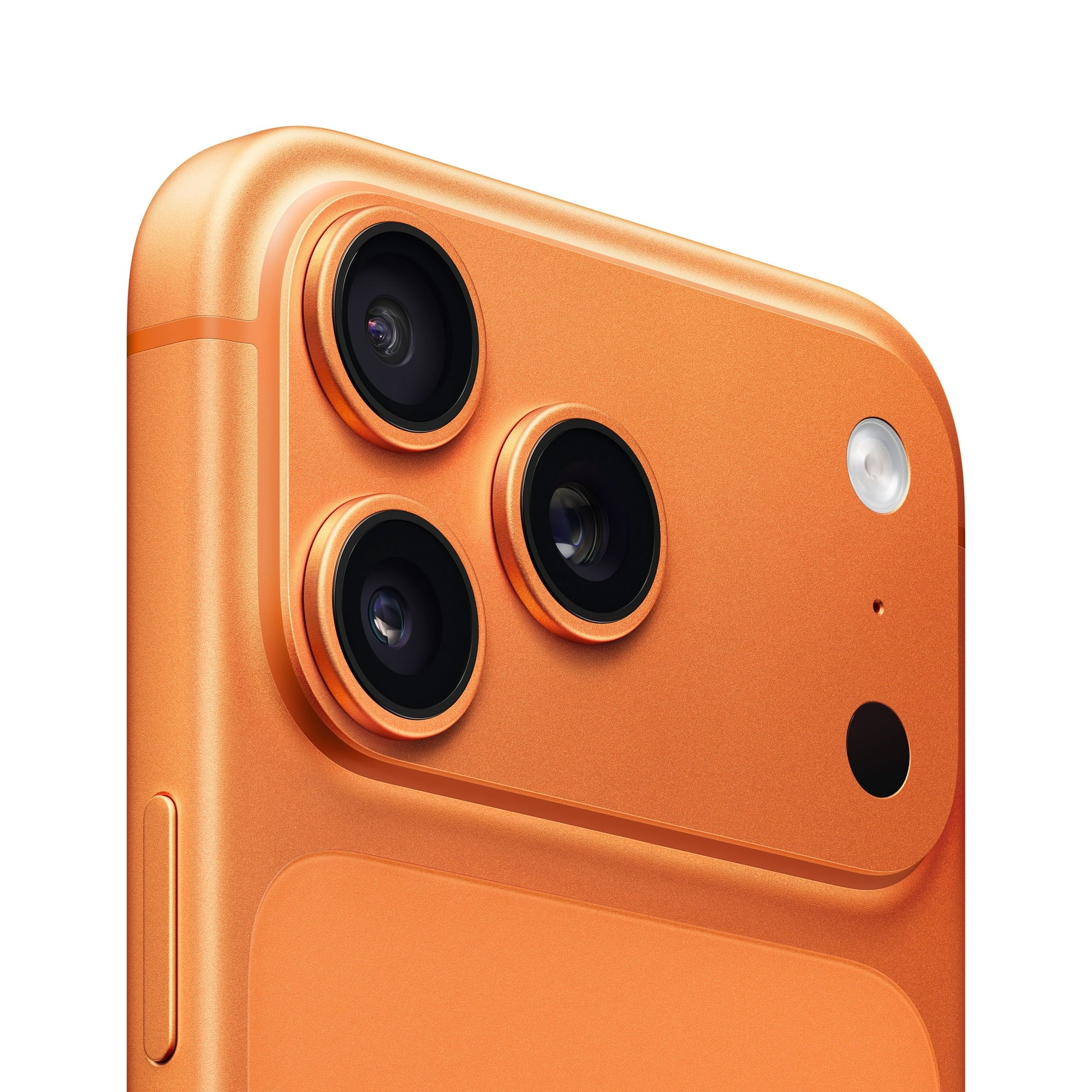 Close-up of an orange iPhone 17 Pro Max smartphone with camera lenses on a white background