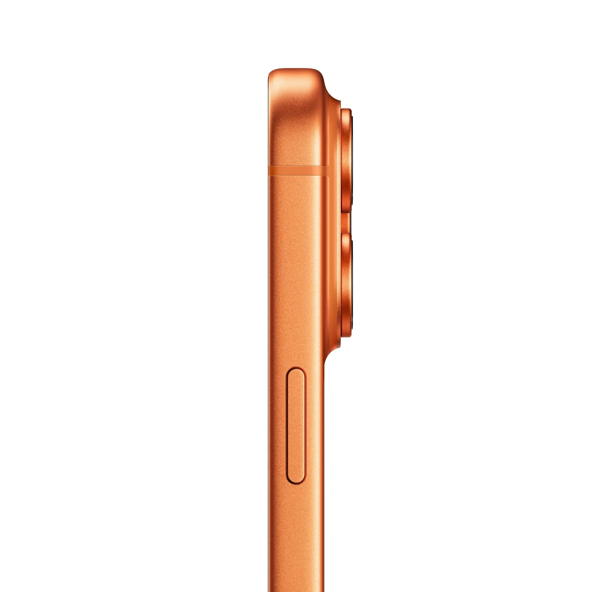 Side view of cosmic orange iPhone 17 pro max smartphone on a white background