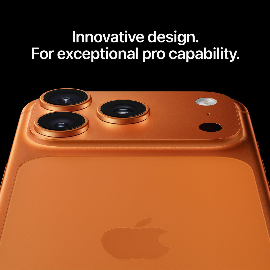 Orange iPhone 17 pro max smartphone with Apple logo on a black background and text 'Innovative design. For exceptional pro capability.'