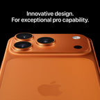Orange iPhone 17 pro max smartphone with Apple logo on a black background and text 'Innovative design. For exceptional pro capability.'