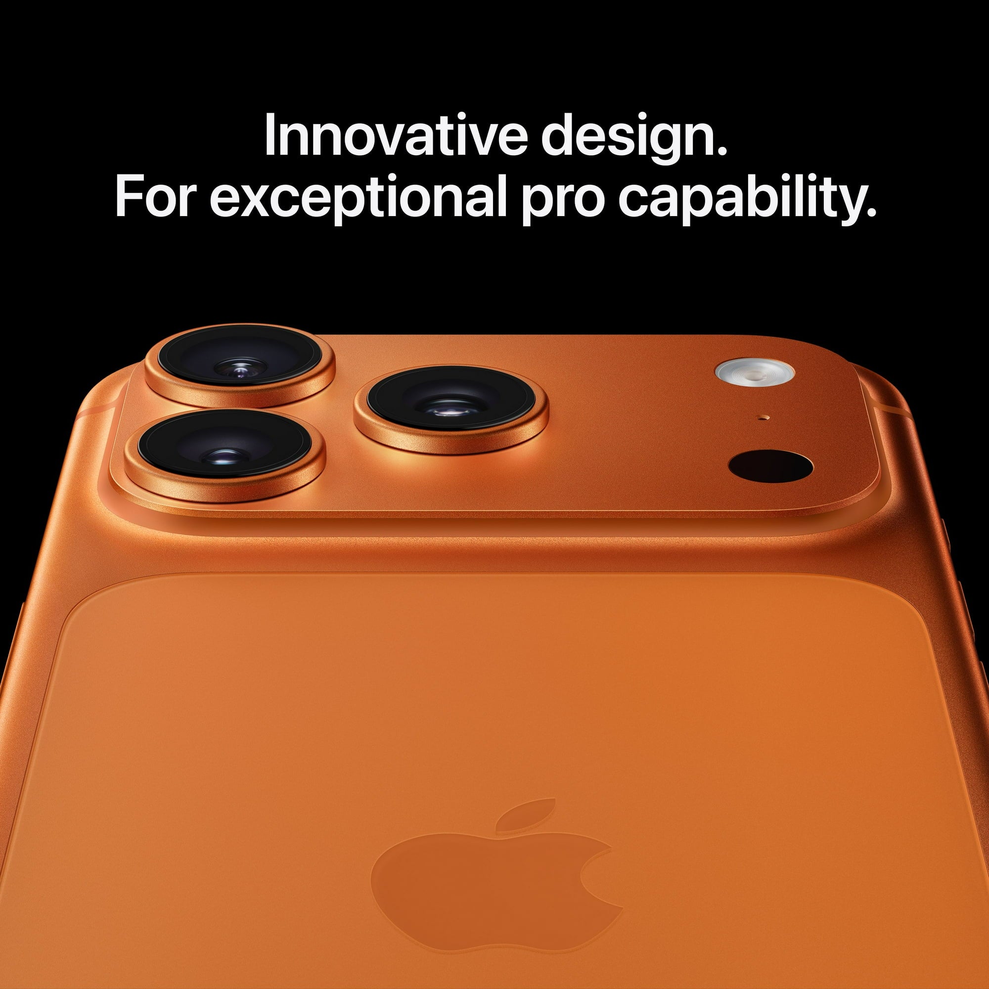 Orange iPhone 17 pro max smartphone with Apple logo on a black background and text 'Innovative design. For exceptional pro capability.'