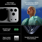 iPhone 17 Pro Product features including heat-forged aluminum unibody, optical-quality zoom, battery life, and ceramic shield.