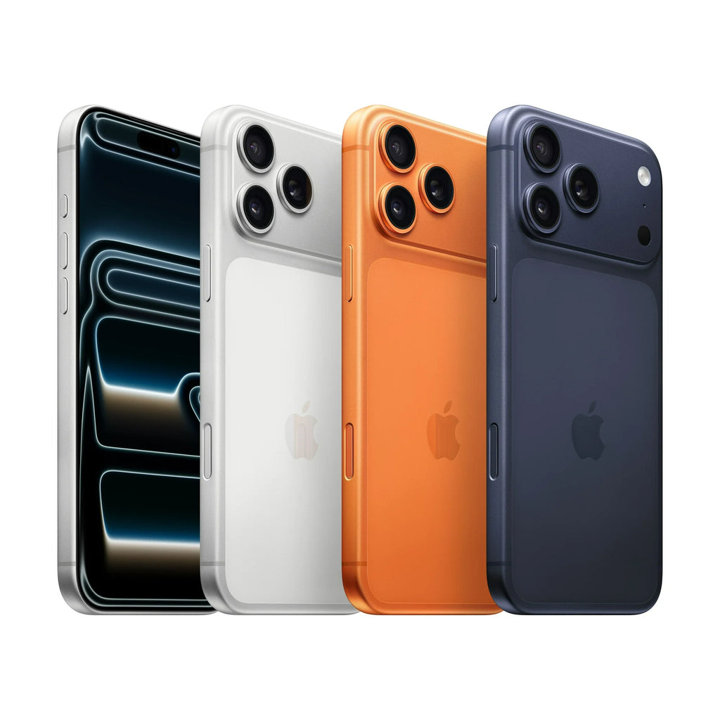 Four Apple iPhone 17 Pro smartphones in different colors on a white background