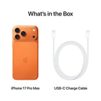 Orange iPhone 17 Pro Max and USB-C charge cable on a white background with text 'What's in the Box'.