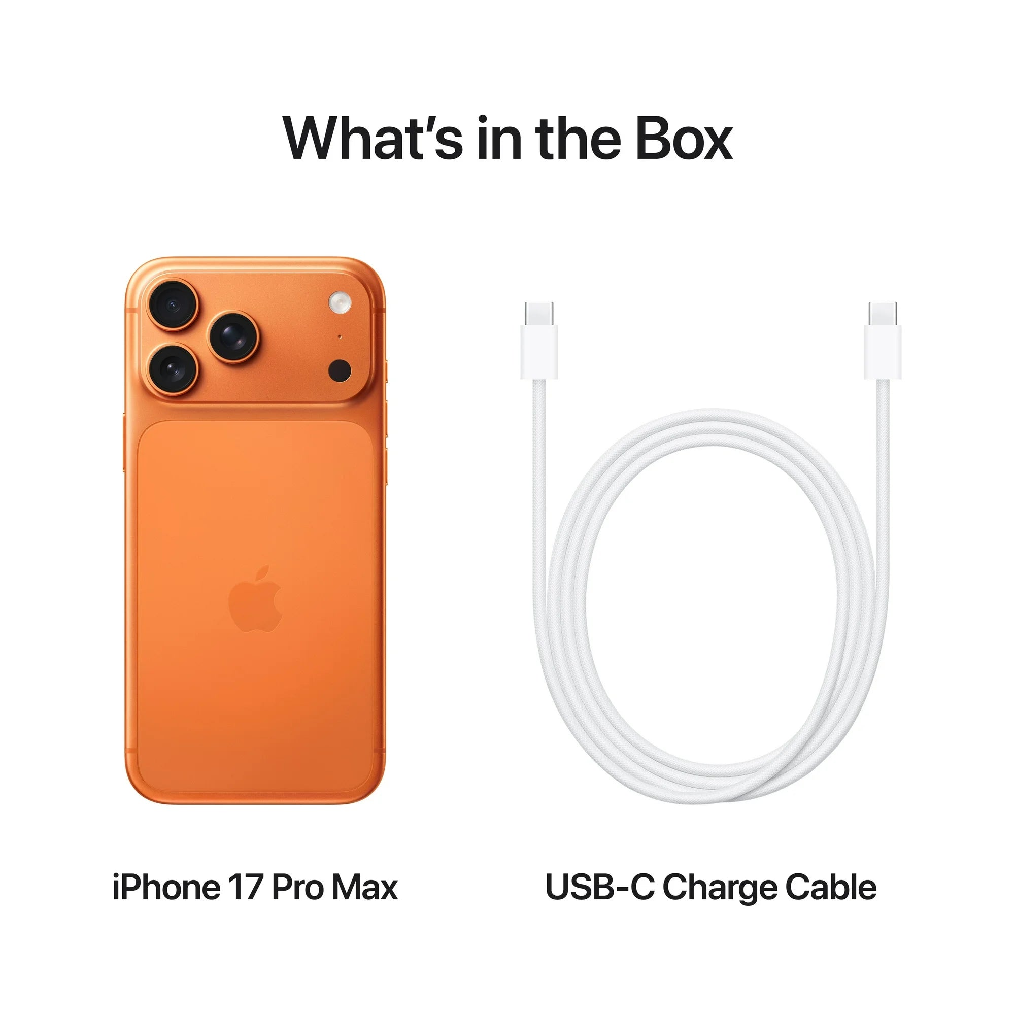 Orange iPhone 17 Pro Max and USB-C charge cable on a white background with text 'What's in the Box'.